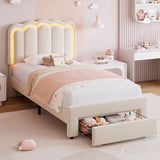Twin Velvet Platform Bed with Adjustable Wavy Headboard, LED Lighting and Storage Drawer, Beige Upholstered Kids Bed with Solid Wood Slats, No Box Spring Required