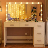Makeup Vanity Desk with Mirror, 10 Lights, 5 Drawers and 3 Storage Shelves, Dressing Table with 3 Color Modes and Adjustable Brightness, 35.4-Inch, Black