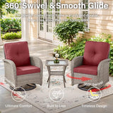 3-Piece Outdoor Patio Furniture Set with Two Swivel Rocker Chairs and Rattan Side Table, Wicker Glider Seating for Deck, Porch or Poolside, Brown and Blue