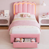 Twin Velvet Platform Bed with Adjustable Wavy Headboard, LED Lighting and Storage Drawer, Beige Upholstered Kids Bed with Solid Wood Slats, No Box Spring Required