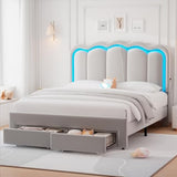 Twin Velvet Platform Bed with Adjustable Wavy Headboard, LED Lighting and Storage Drawer, Beige Upholstered Kids Bed with Solid Wood Slats, No Box Spring Required
