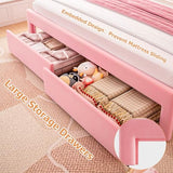 Twin Velvet Platform Bed with Adjustable Wavy Headboard, LED Lighting and Storage Drawer, Beige Upholstered Kids Bed with Solid Wood Slats, No Box Spring Required