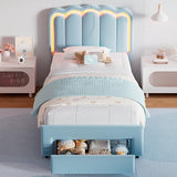 Twin Velvet Platform Bed with Adjustable Wavy Headboard, LED Lighting and Storage Drawer, Beige Upholstered Kids Bed with Solid Wood Slats, No Box Spring Required