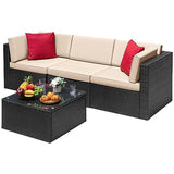 Devoko 6-Piece Beige Patio Conversation Set with Handwoven Rattan Sofa, Sectional Seating, Cushions and Glass Table