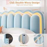 Twin Velvet Platform Bed with Adjustable Wavy Headboard, LED Lighting and Storage Drawer, Beige Upholstered Kids Bed with Solid Wood Slats, No Box Spring Required