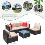 Devoko 6-Piece Beige Patio Conversation Set with Handwoven Rattan Sofa, Sectional Seating, Cushions and Glass Table