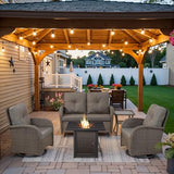 3-Piece Outdoor Patio Furniture Set with Two Swivel Rocker Chairs and Rattan Side Table, Wicker Glider Seating for Deck, Porch or Poolside, Brown and Blue