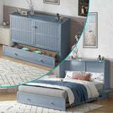 BALUS Queen Murphy Bed Cabinet in Grey-Blue with Tri-Fold Mattress, USB Charging Station, Folding Nightstand Trays, and Storage Drawers