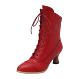 Womens Red Short Boots with Lace-Up Design, Solid Round-Toe Construction, Size 38