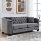 77-Inch Velvet Chesterfield Sofa with Tufted Backrests, Nailhead Arms and 2 Cushions, 3-Seater Living Room Furniture in Grey