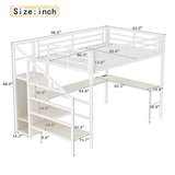 SOFTSEA Queen Size Metal Loft Bed with L-Shaped Desk, Wardrobe, USB Ports, Adjustable Shelf and LED Lighting, No Box Spring Needed, White Wood Grain