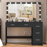 Makeup Vanity Desk with Mirror, 10 Lights, 5 Drawers and 3 Storage Shelves, Dressing Table with 3 Color Modes and Adjustable Brightness, 35.4-Inch, Black