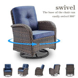 3-Piece Outdoor Patio Furniture Set with Two Swivel Rocker Chairs and Rattan Side Table, Wicker Glider Seating for Deck, Porch or Poolside, Brown and Blue