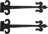 Black Wrought Iron Fleur De Lis Door Strap Hinge Set with Hardware, 18-Inch Antique Style, Rust Resistant Flush Mount, Pack of 2