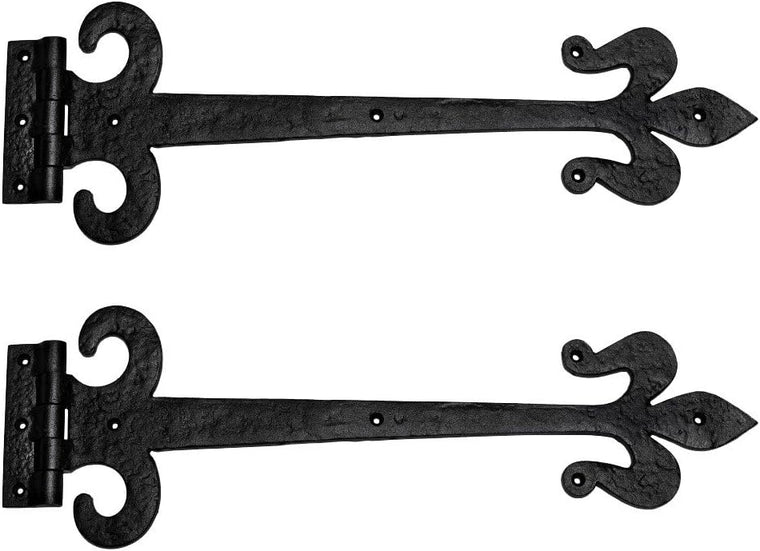 Black Wrought Iron Fleur De Lis Door Strap Hinge Set with Hardware, 18-Inch Antique Style, Rust Resistant Flush Mount, Pack of 2