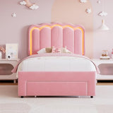 Twin Velvet Platform Bed with Adjustable Wavy Headboard, LED Lighting and Storage Drawer, Beige Upholstered Kids Bed with Solid Wood Slats, No Box Spring Required