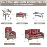 3-Piece Outdoor Patio Furniture Set with Two Swivel Rocker Chairs and Rattan Side Table, Wicker Glider Seating for Deck, Porch or Poolside, Brown and Blue