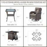 3-Piece Outdoor Patio Furniture Set with Two Swivel Rocker Chairs and Rattan Side Table, Wicker Glider Seating for Deck, Porch or Poolside, Brown and Blue