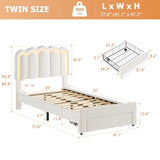 Twin Velvet Platform Bed with Adjustable Wavy Headboard, LED Lighting and Storage Drawer, Beige Upholstered Kids Bed with Solid Wood Slats, No Box Spring Required