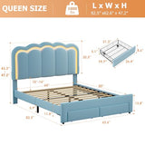 Twin Velvet Platform Bed with Adjustable Wavy Headboard, LED Lighting and Storage Drawer, Beige Upholstered Kids Bed with Solid Wood Slats, No Box Spring Required