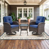 3-Piece Outdoor Patio Furniture Set with Two Swivel Rocker Chairs and Rattan Side Table, Wicker Glider Seating for Deck, Porch or Poolside, Brown and Blue