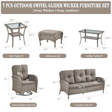 3-Piece Outdoor Patio Furniture Set with Two Swivel Rocker Chairs and Rattan Side Table, Wicker Glider Seating for Deck, Porch or Poolside, Brown and Blue