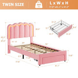Twin Velvet Platform Bed with Adjustable Wavy Headboard, LED Lighting and Storage Drawer, Beige Upholstered Kids Bed with Solid Wood Slats, No Box Spring Required