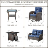 3-Piece Outdoor Patio Furniture Set with Two Swivel Rocker Chairs and Rattan Side Table, Wicker Glider Seating for Deck, Porch or Poolside, Brown and Blue