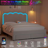 Twin Velvet Platform Bed with Adjustable Wavy Headboard, LED Lighting and Storage Drawer, Beige Upholstered Kids Bed with Solid Wood Slats, No Box Spring Required