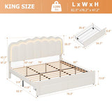 Twin Velvet Platform Bed with Adjustable Wavy Headboard, LED Lighting and Storage Drawer, Beige Upholstered Kids Bed with Solid Wood Slats, No Box Spring Required