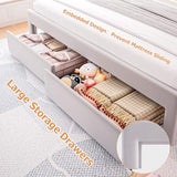 Twin Velvet Platform Bed with Adjustable Wavy Headboard, LED Lighting and Storage Drawer, Beige Upholstered Kids Bed with Solid Wood Slats, No Box Spring Required