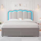 Twin Velvet Platform Bed with Adjustable Wavy Headboard, LED Lighting and Storage Drawer, Beige Upholstered Kids Bed with Solid Wood Slats, No Box Spring Required