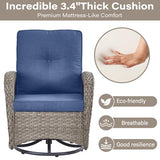 3-Piece Outdoor Patio Furniture Set with Two Swivel Rocker Chairs and Rattan Side Table, Wicker Glider Seating for Deck, Porch or Poolside, Brown and Blue