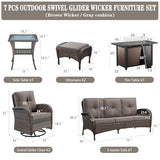 3-Piece Outdoor Patio Furniture Set with Two Swivel Rocker Chairs and Rattan Side Table, Wicker Glider Seating for Deck, Porch or Poolside, Brown and Blue