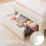 Twin Velvet Platform Bed with Adjustable Wavy Headboard, LED Lighting and Storage Drawer, Beige Upholstered Kids Bed with Solid Wood Slats, No Box Spring Required