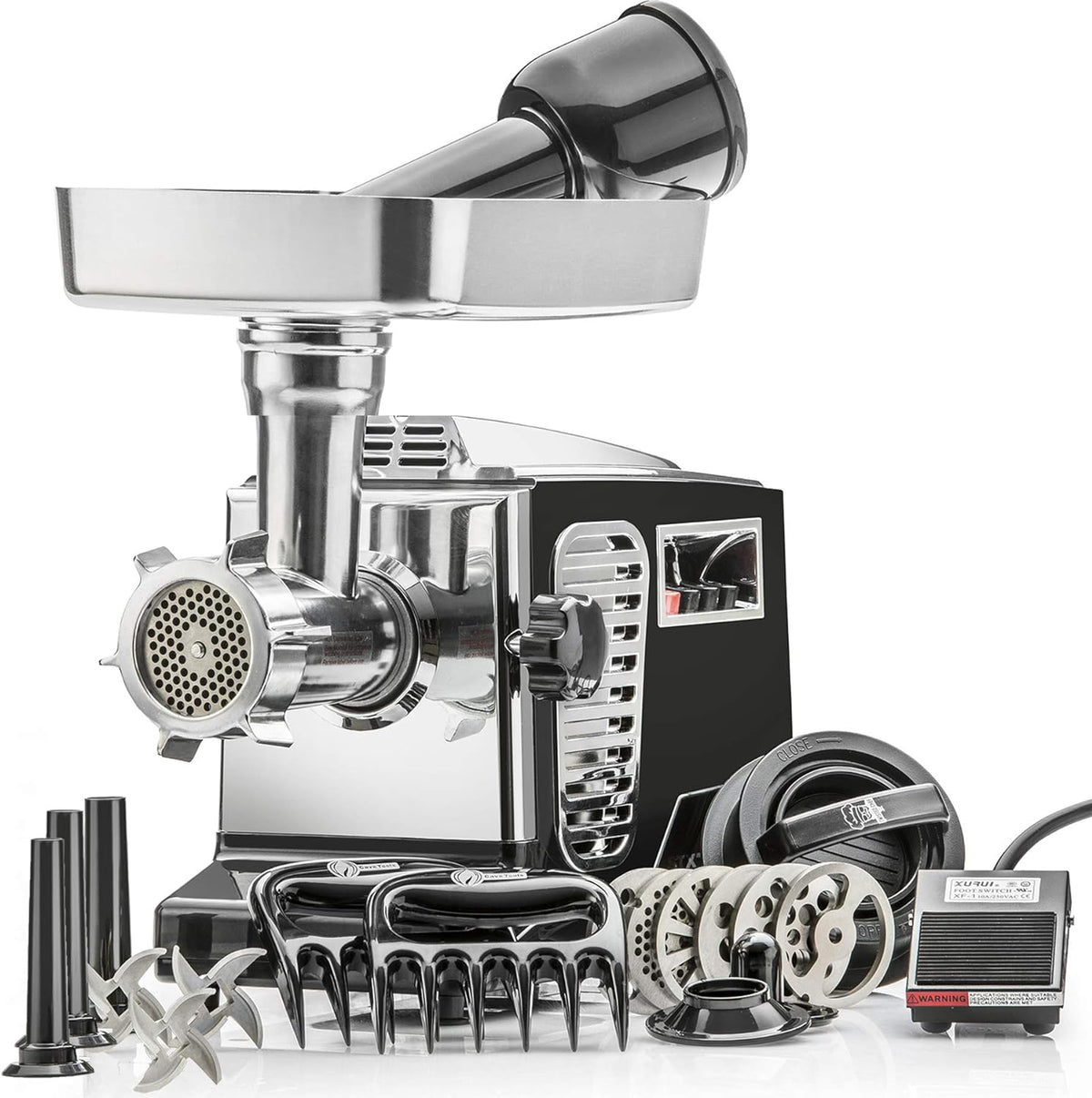 STX Turboforce II Platinum Heavy-Duty Electric Meat Grinder and Sausage Stuffer with Foot Pedal, 6 Grinding Plates, 3 S/S Blades, 3 Sausage Tubes, Kubbe, 2 Meat Claws and Burger-Slider Patty Maker, White