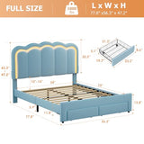 Twin Velvet Platform Bed with Adjustable Wavy Headboard, LED Lighting and Storage Drawer, Beige Upholstered Kids Bed with Solid Wood Slats, No Box Spring Required