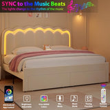 Twin Velvet Platform Bed with Adjustable Wavy Headboard, LED Lighting and Storage Drawer, Beige Upholstered Kids Bed with Solid Wood Slats, No Box Spring Required