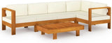 6-Piece Acacia Wood Patio Lounge Set with Cream White Cushions, Outdoor Conversation and Dining Tables with White Side Table