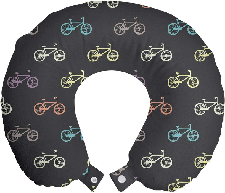 Ambesonne Multicolor Bicycle Travel Pillow with Memory Foam Neck Rest, Retro Cycling Design for Airplane and Car Travel, Size 12