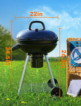 22-Inch Kettle Charcoal BBQ Grill with Lid Thermometer, Plated Steel Grates, Integrated Wheels and Slide-Out Ash Catcher for Patio, Picnic and Backyard Cooking
