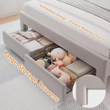 Twin Velvet Platform Bed with Adjustable Wavy Headboard, LED Lighting and Storage Drawer, Beige Upholstered Kids Bed with Solid Wood Slats, No Box Spring Required