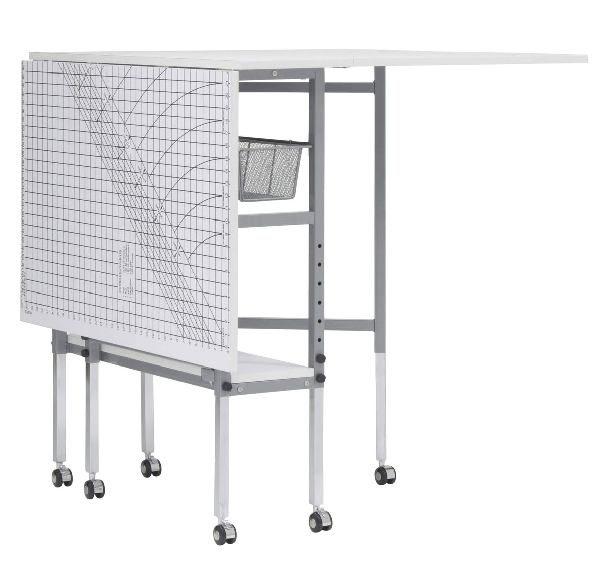 Sew Ready Mobile Folding Cutting Table with Adjustable Height, Quilting Grid, Sewing Board, and Storage, Silver/White