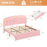 Twin Velvet Platform Bed with Adjustable Wavy Headboard, LED Lighting and Storage Drawer, Beige Upholstered Kids Bed with Solid Wood Slats, No Box Spring Required