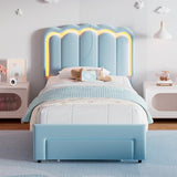 Twin Velvet Platform Bed with Adjustable Wavy Headboard, LED Lighting and Storage Drawer, Beige Upholstered Kids Bed with Solid Wood Slats, No Box Spring Required