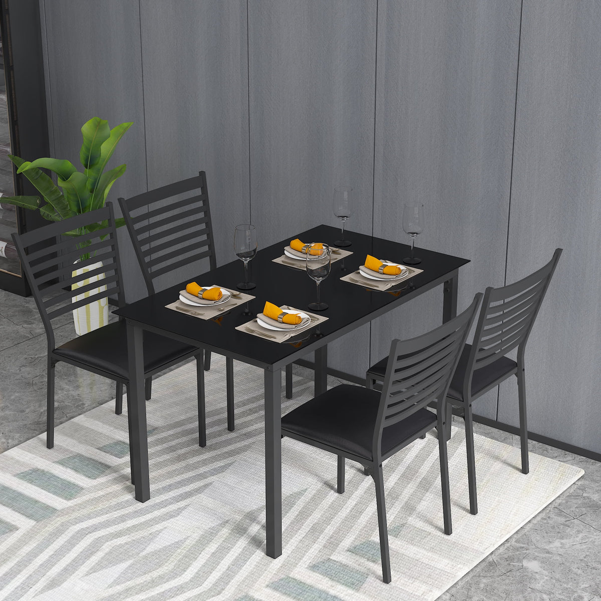 5-Piece Dining Set with Tempered Glass-Top Table and 4 Upholstered Chairs, Black Metal Frames