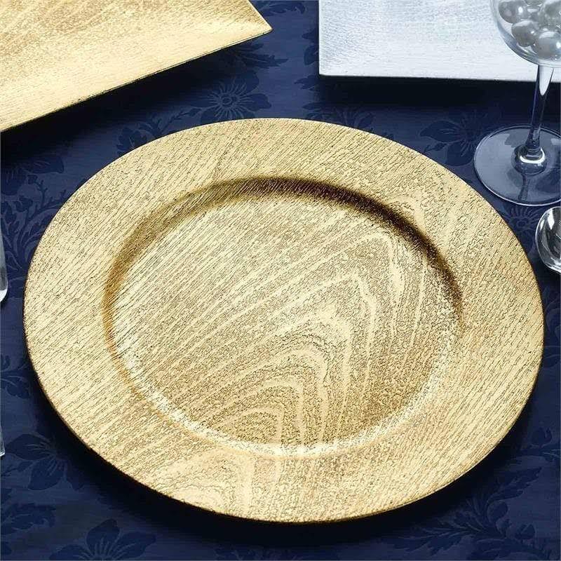 24-Piece Set of 13-Inch Gold Wooden Textured Round Charger Plates by Balsacircle, Designed for Dinner Parties, Weddings and Holidays