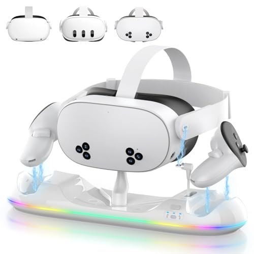 20W Magnetic Charging Station for Meta Quest 3S/3/2, RGB Stand with Rechargeable 2X2100mAh Batteries for VR Headset and Controllers