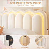 Twin Velvet Platform Bed with Adjustable Wavy Headboard, LED Lighting and Storage Drawer, Beige Upholstered Kids Bed with Solid Wood Slats, No Box Spring Required