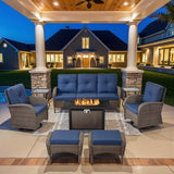 3-Piece Outdoor Patio Furniture Set with Two Swivel Rocker Chairs and Rattan Side Table, Wicker Glider Seating for Deck, Porch or Poolside, Brown and Blue